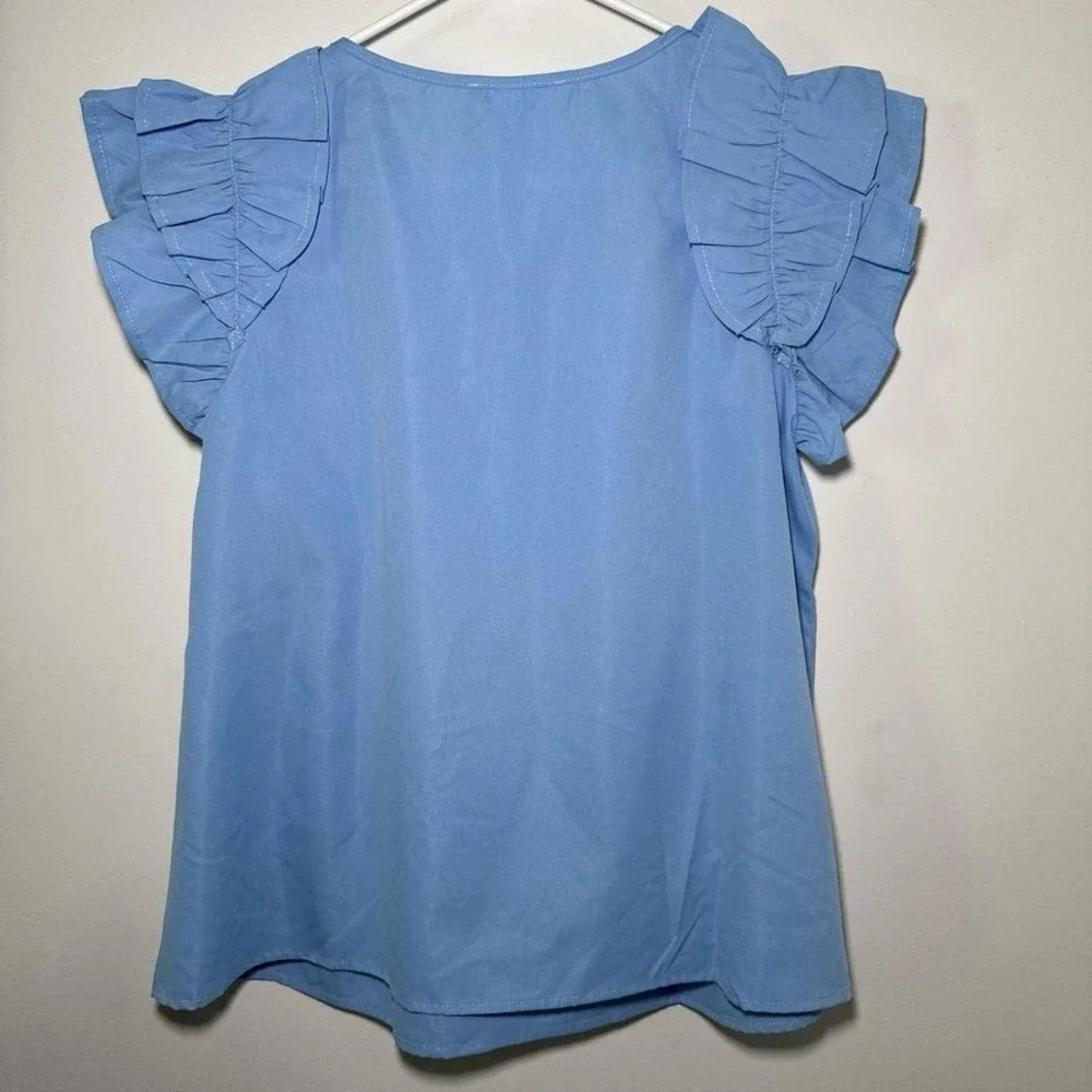 Ces Femme Women's‎ Blue Ruffled Sleeve Blouse Size Small
